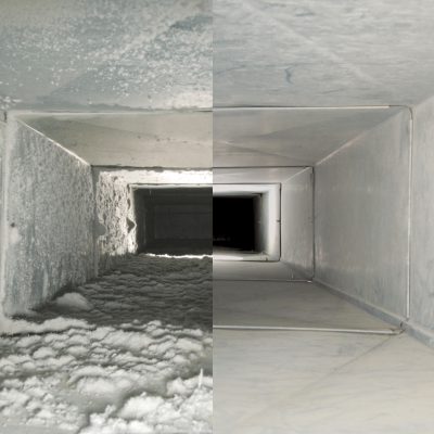 before and after picture of air ducts after duct cleaning in a residential home